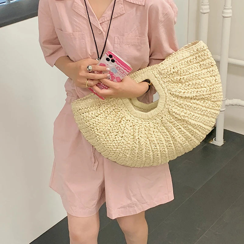 Sac à Main Tissé de Grande Capacité pour Femme, Fourre-Tout de Styliste, Lune, WUNICEF, Plage, en Paille, Été